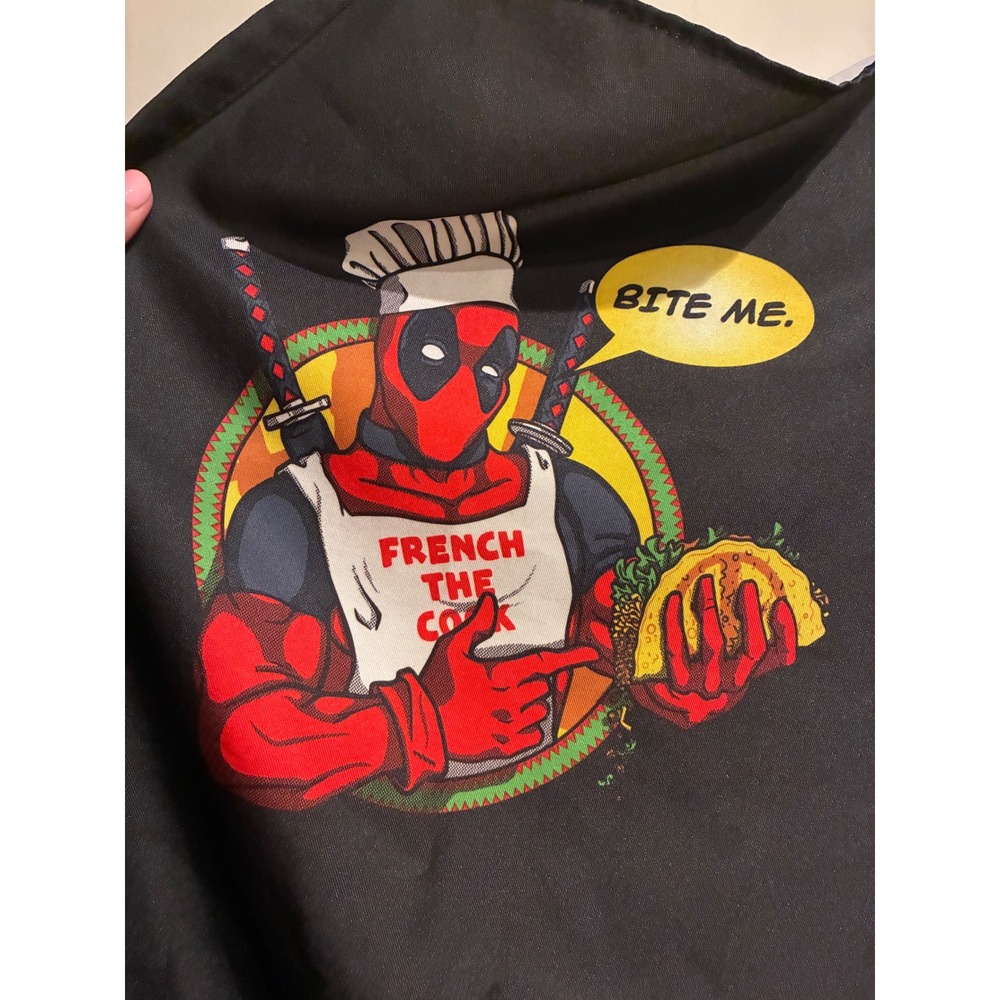 Marvel Deadpool Bite Me French The Cook Black Graphic Kitchen BBQ Apron Taco - Picture 3 of 5